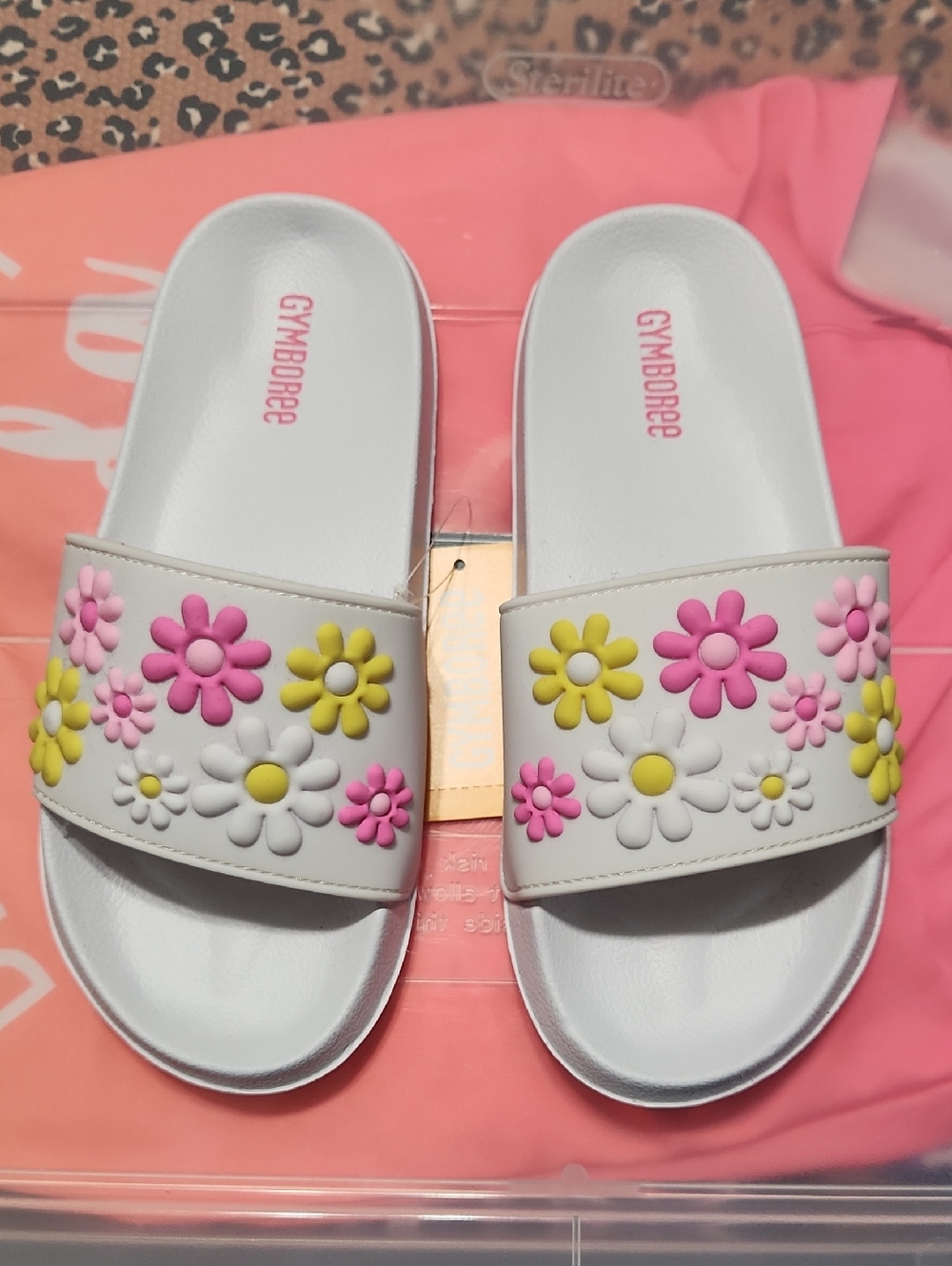 Gymboree White Slide Sandals with Pink and Yellow Floral Accents